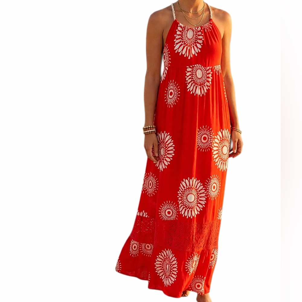 ROXY Red White Floral Sunflower Flower Summer Dress Shift Neck Tie Moo Moo Large